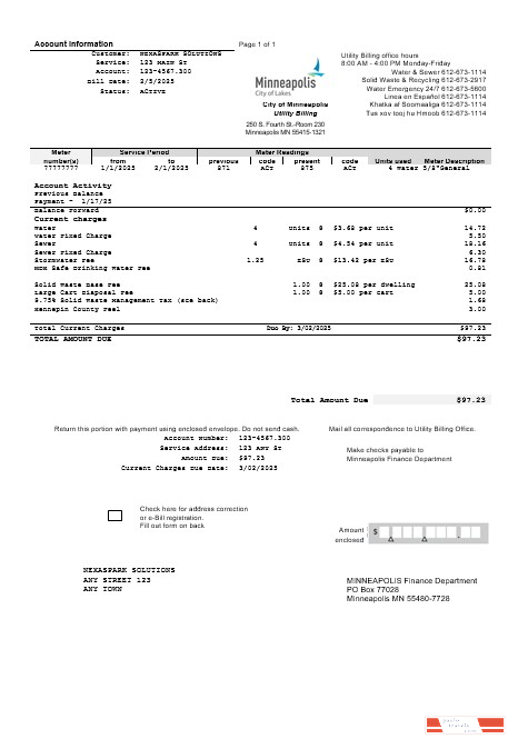 USA Minnesota Minneapolis City of Lakes business utility bill template in Word and PDF formats